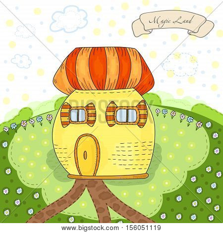 Fairytale colorful cute house in cartoon style - cute postcard. Vector hand drawn illustration. Printable template