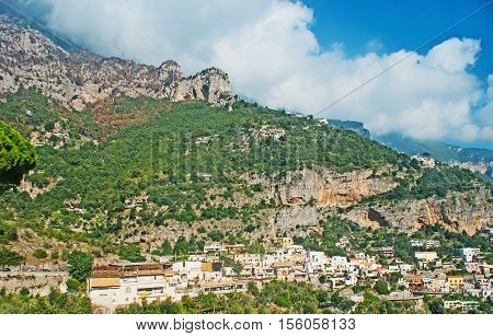 The nature and architecture of Amalfi Coast and Lattari Mountains - the winding road runs through the Positano resort Italy.