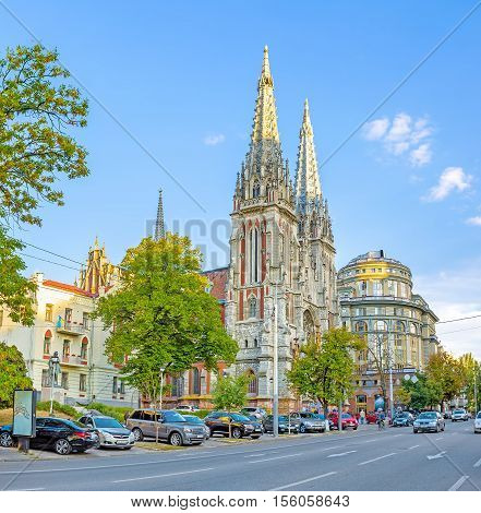 KIEV UKRAINE - SEPTEMBER 18 2016: The Gothic spires of St Nicholas Roman Catholic Cathedral also serving as the National House of Organ and Chamber Music on September 18 in Kiev.