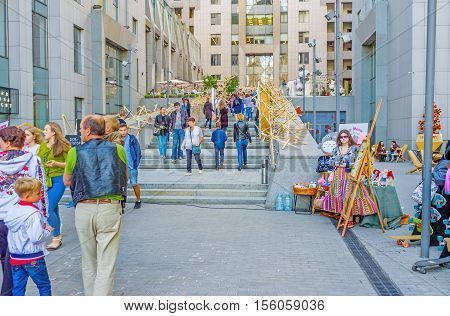 KIEV UKRAINE - SEPTEMBER 18 2016: The fair of arts and crafts in Bolshaya Vasylkovskaya street on September 18 in Kiev.