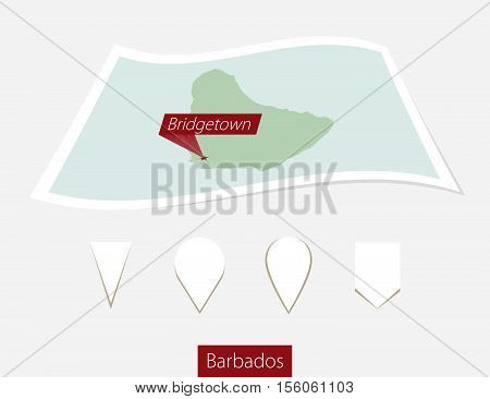 Curved Paper Map Of Barbados With Capital Bridgetown On Gray Background. Four Different Map Pin Set.