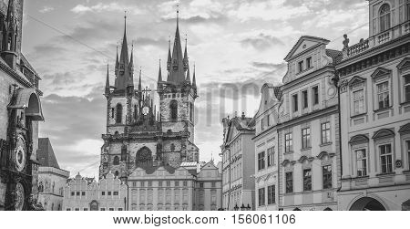 Monochrome Church of our Lady Prague - Black and white image with the Church of our Lady before Tyn and other historical buildings from the Old Town Square in Prague Czech Republic
