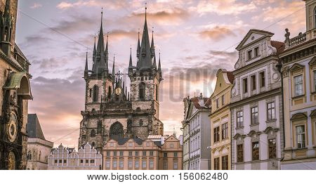 Church of our Lady before Tyn Prague - Architectural image in Old Town Square in Prague Czech Republic with the Church of our Lady before Tyn under a morning cloudy sky