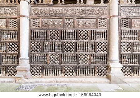 Front view of interleaved wooden decorations (Arabisk) facade Mosque of Amir Al-Maridani Cairo Egypt