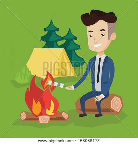 Happy young businessman in a suit sitting on a log near campfire and roasting marshmallow over campfire on the background of camping site with tent. Vector flat design illustration. Square layout.