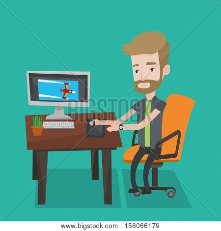 A hipster man with the beard sitting at desk and drawing on graphics tablet. Young graphic designer using a digital graphics tablet, computer and pen. Vector flat design illustration. Square layout.