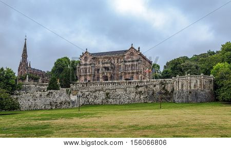 Palace of Sobrellano and church from Comillas Santander Spain