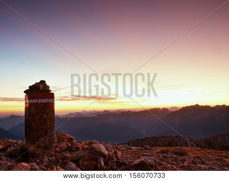 Peak Of Mountain,  Apine Gravel  Cliff. Colorful Daybreak Horizon