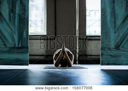 Woman Doing Yoga Exercises In Gym, Sport Fitness Girl Training Stretching Studio