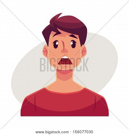 Young man face, surprised facial expression, cartoon vector illustrations isolated on gray background. Handsome boy emoji surprised, shocked, amazed, astonished. Surprised face expression