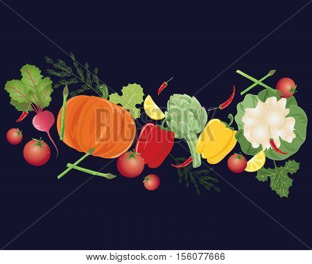 an illustration of a selection of colorful home grown vegetables on a dark blue background