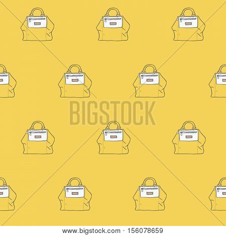 Seamless vector illustration with cute yellow handbags in a row in fashion stylish pattern. Hand drawn background drawn with imperfections on yellow background