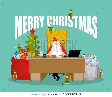 Merry Christmas Card. Santa Claus Checks Mail From Children. Big Bag Of Incoming Post. Red Gift Sack