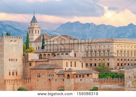 Walls and towers of the fortress of the Alhambra at sunset in Granada. Andalusia. Spain.