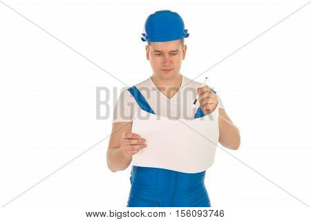 male construction worker in a blue uniform Make changes to the plan isolated on white background