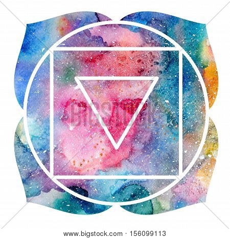 Chakra Muladhara or root chakra icon ayurvedic symbol concept of Hinduism Buddhism. Watercolor cosmic texture. Isolated on white background