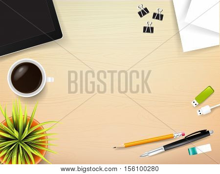 Top view of stationary pen pencil eraser tablet paper clip coffee cup with copy space on wooden background vector illustration eps 10