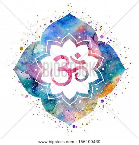 Om sign in lotus flower. Rainbow watercolor texture and splash isolated. Spiritual Buddhist Hindu symbol