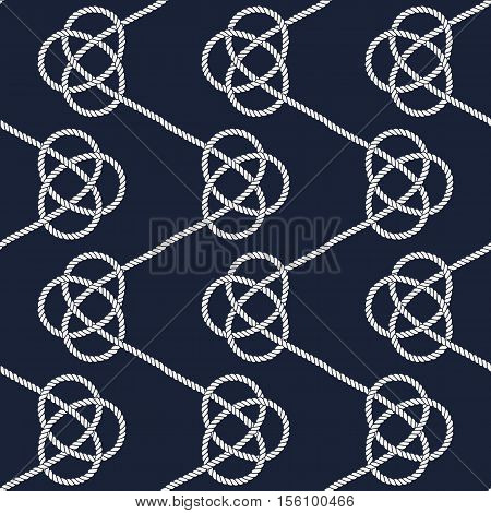Seamless nautical rope pattern. Endless navy illustration with white loop ornament. Marine Carrick Bend knots on dark blue backdrop. Trendy maritime style background. For fabric, wallpaper, wrapping