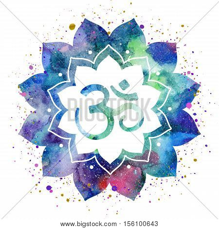 Om sign in lotus flower. Rainbow watercolor texture and splash isolated. Spiritual Buddhist Hindu symbol