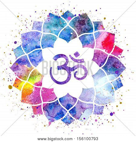 Om sign in lotus flower. Rainbow watercolor texture and splash isolated. Spiritual Buddhist Hindu symbol