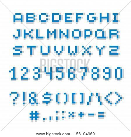 Cybernetic 3d numbers letters and punctuation marks pixel art vector numeration. Pixel design elements contemporary digital typescript made in technology style.