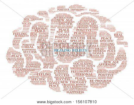 Healing Beliefs Brain word cloud on a white background.