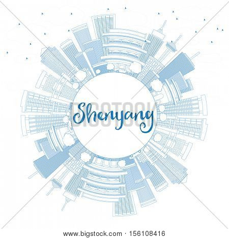 Outline Shenyang Skyline with Blue Buildings and Copy Space. Vector Illustration. Business Travel and Tourism Concept with Modern Architecture. Image for Presentation Banner Placard and Web Site.
