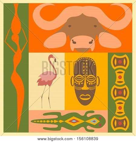 Set of African people, animals and simbol elements and icons in modern fla design. Perfect promotional flyer, booklets and articles. Vector illustration eps10