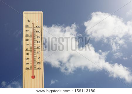 Thermometer.High temperatures in degrees celsius and farenheit.
