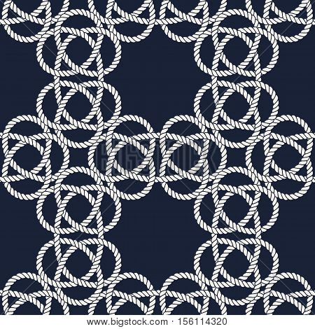 Seamless nautical rope pattern. Endless navy illustration with white loop ornament. Marine Carrick Bend knots on dark blue backdrop. Trendy maritime style background. For fabric, wallpaper, wrapping