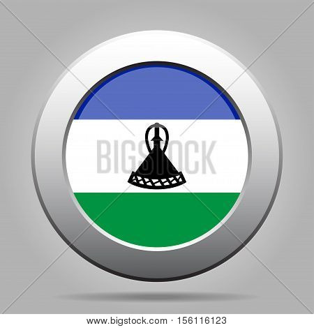 National flag of Lesotho. Shiny metal gray round button with shadow.