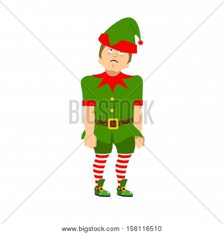 Sad Christmas Elf. Sorrowful Helper Of Santa Claus. Dull Little Man In Green Suit. Xmas Character Fo