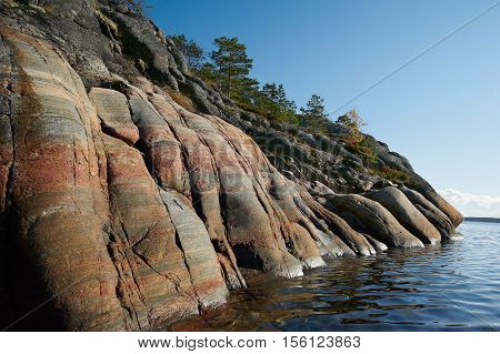 Rocky coast on White sea in autumn on Kola peninsula Russia