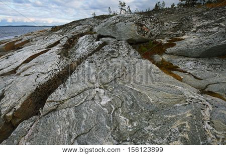 Rocky coast on White sea in autumn on Kola peninsula Russia