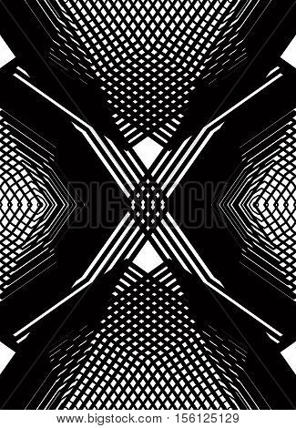 Vector pattern with black graphic lines kaleidoscope abstract background with overlay ornament. Monochrome illusive seamless backdrop can be used for graphic design.