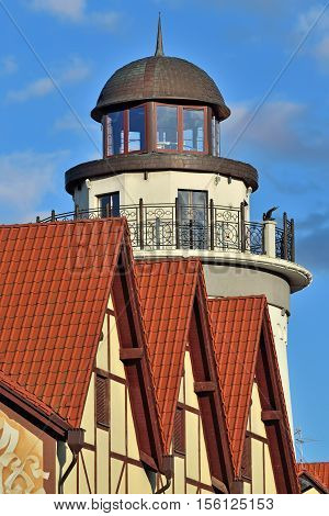 Lighthouse in the fishing village. Kaliningrad, formerly Kenigsberg, Russia