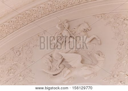 MOSCOW RUSSIA - OCTOBER 27 2016: Details of the interior view of the Georgievsky hall in the Grand Kremlin Palace in Moscow. Built in 1849 the palace is the official residence of the President of Russia.