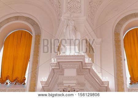 MOSCOW RUSSIA - OCTOBER 27 2016: Details of the interior view of the Georgievsky hall in the Grand Kremlin Palace in Moscow. Built in 1849 the palace is the official residence of the President of Russia.