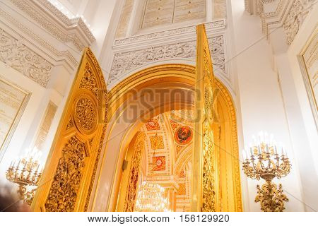 MOSCOW RUSSIA - OCTOBER 27 2016: The interior view of the Georgievsky hall in the Grand Kremlin Palace in Moscow. Built in 1849 the palace is the official residence of the President of Russia.