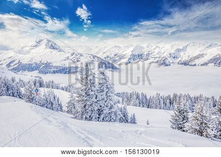 Trees Covered By Fresh Snow In Austria Alps From Kitzbuehel Ski Resort, Austria, Europe.
