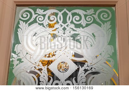 MOSCOW RUSSIA - OCTOBER 27 2016: Details of the interior view of the Georgievsky hall in the Grand Kremlin Palace in Moscow. Built in 1849 the palace is the official residence of the President of Russia.
