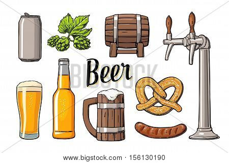 Beer set with tap class can bottle barrel sausage pretzel and hop. Vintage vector flat illustration for web poster. Isolated on white background.