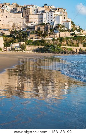 Panoramic view of Sperlonga and beautiful sandy beach. Winter in Italy