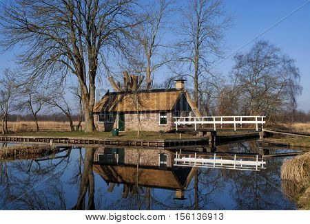 Peat gatherers house in nature reserve the Weerribben in the Dutch province Overijssel