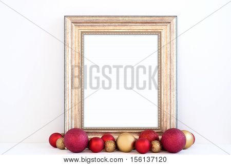 Christmas styled mockup portrait frame with red and gold baubles overlay your business message promotion headline or design great for lifestyle bloggers and social media campaigns