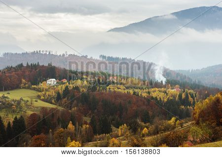 Autumn landscape in the Carpathian mountains in Romania. View from Poiana Marului.