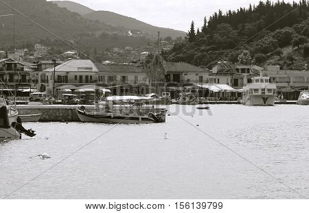 Sivota GREECE May 09 2013: Landscape with the boats and yacht in bay of Sivota town on the coast of Ionian sea in Greece.