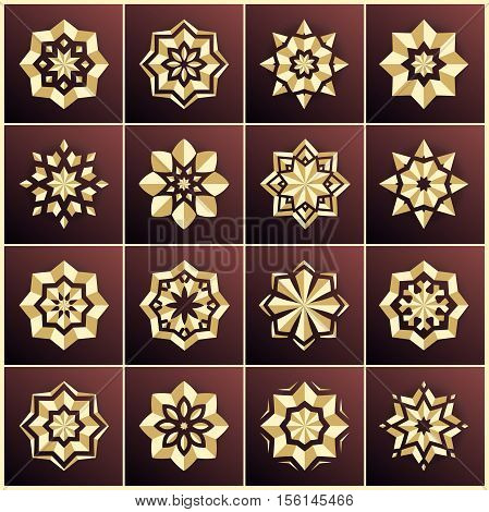 Set of golden snowflakes. Set of gold stars. The bulk of the star. Large set. Christmas snowflakes. Holiday decorations. Volumetric golden snowflake on a dark background. Christmas star. Mandala.