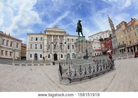 PIRAN, SLOVENIA - APRIL 14, 2014: Historic centre of Piran on April 14, 2014 in Piran, Slovenia. Full of Venetian architecture, it is the most popular coastal city of Slovenia.